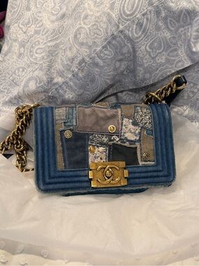 CHANEL Blue Patchwork Denim Boy Bag with Gold Hardware